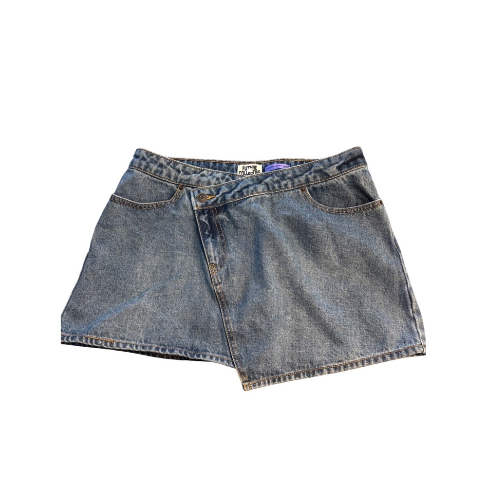 NWT Future Collective Kahlana Barfield Brown Blue Denim Asymmetrical Skirt 8